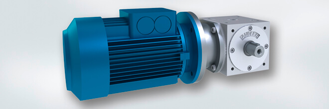 Motor de color azul acoplado a una caja de reenvío con brida de la serie F